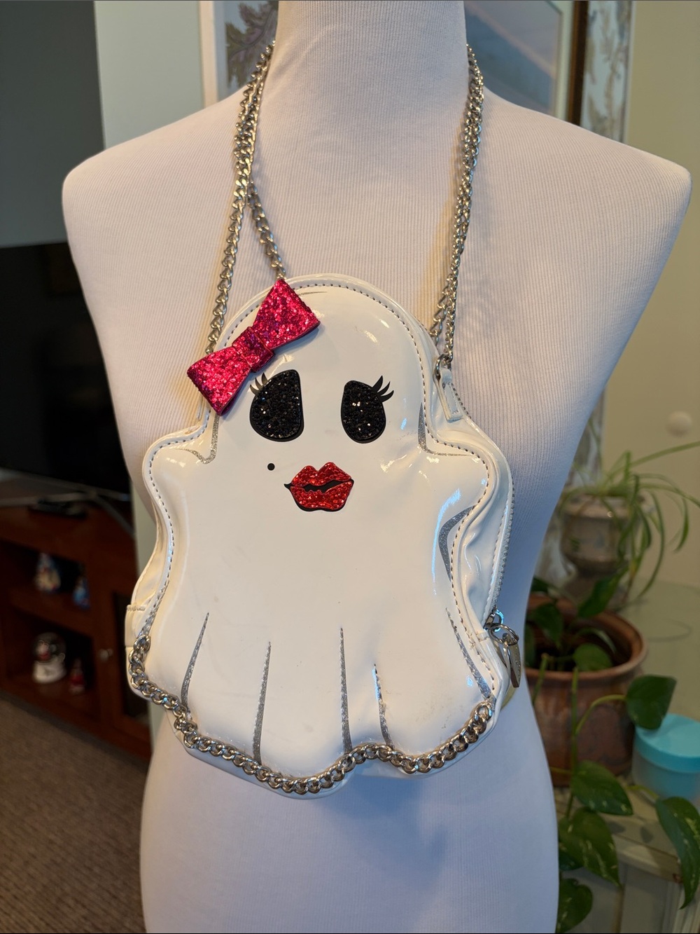 Betsy Johnson Kitsch Ghost Girl Crossbody Bag with Pink Bow